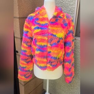 Hot & Delicious Vibrant Multicolor Faux Fur Zip Jacket - Neon Rainbow